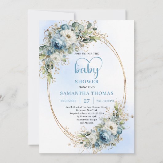 Boho Pastel Blue Eucalyptus Greenery Baby Shower  招待状 (正面)