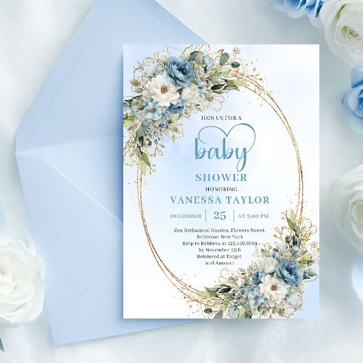 Boho Pastel Blue Floral Baby Shower Invitation 招待状