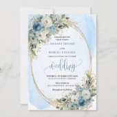 Boho Pastel Blue Floral Glitter wedding invite 招待状 (正面)