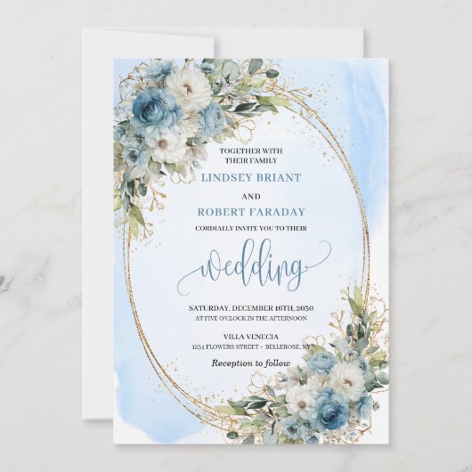 Boho Pastel Blue Floral Glitter wedding invite 招待状 (正面)