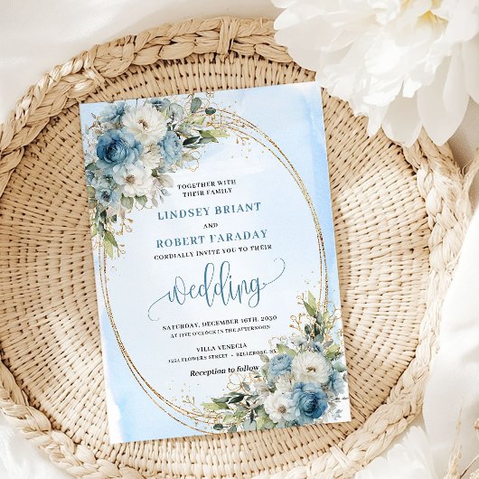Boho Pastel Blue Floral Glitter wedding invite 招待状