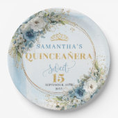 Boho Pastel Blue Flowers Gold Personalized Quince ペーパープレート (正面)