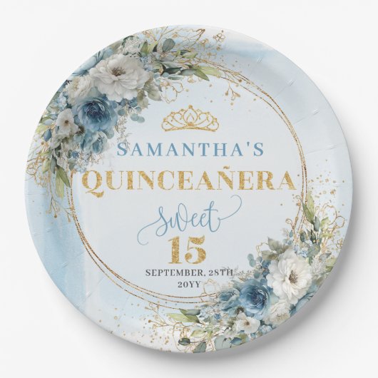 Boho Pastel Blue Flowers Gold Personalized Quince ペーパープレート (正面)
