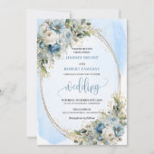 Boho Pastel Blue Flowers Gold Wedding Invite 招待状 (正面)