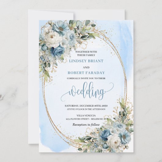 Boho Pastel Blue Flowers Gold Wedding Invite 招待状 (正面)
