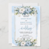 Boho Pastel Blue Gold Flowers Wedding Invitation 招待状 (正面)