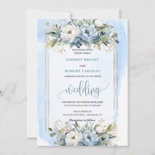 Boho Pastel Blue Gold Flowers Wedding Invitation 招待状 (正面)
