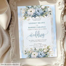 Boho Pastel Blue Gold Flowers Wedding Invitation 招待状