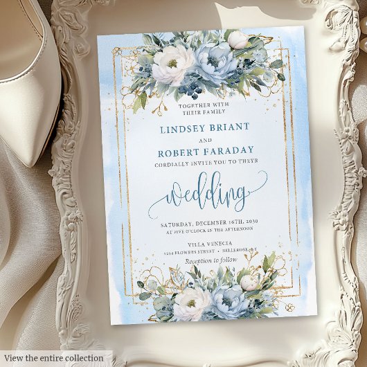 Boho Pastel Blue Gold Flowers Wedding Invitation 招待状