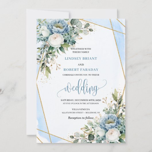 Boho Pastel Blue Gold Flowers Wedding Invitation 招待状 (正面)