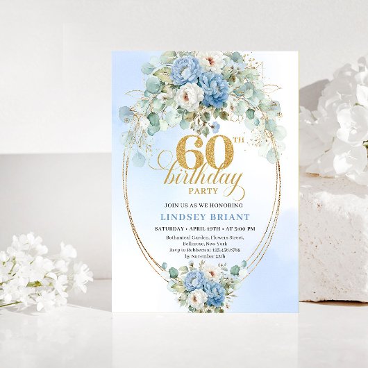 Boho Pastel Blue Peonies 60th Birthday Invitation 招待状