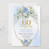 Boho Pastel blue peony greenery gold 60th birthday 招待状 (正面)