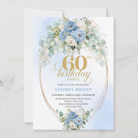 Boho Pastel blue peony greenery gold 60th birthday 招待状 (正面)