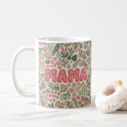 Boho Pastel Green and Pink Floral Pattern Mama コーヒーマグカップ (ドーナツ)