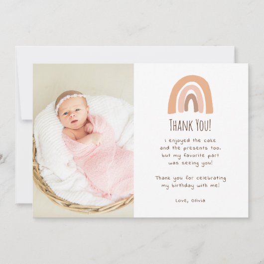 Boho Pastel Rainbow 1st Birthday Photo Thank You 招待状 (正面)