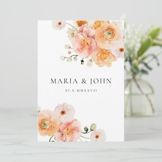 Boho Peach & Blush Floral Wedding Save the Date 招待状 (スタンド正面)