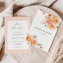 Boho Peach & Blush Floral Wedding Save the Date 招待状
