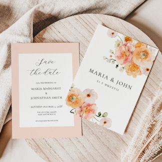 Boho Peach & Blush Floral Wedding Save the Date 招待状