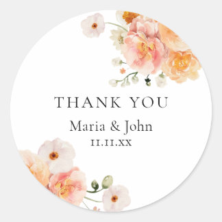 Boho Peach & Blush Floral Wedding Stickers ラウンドシール