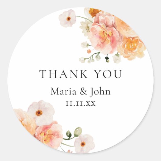 Boho Peach & Blush Floral Wedding Stickers ラウンドシール (正面)