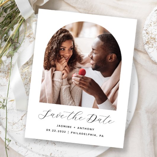 Boho Photo Archミニマル白黒日付の保存 ポストカード