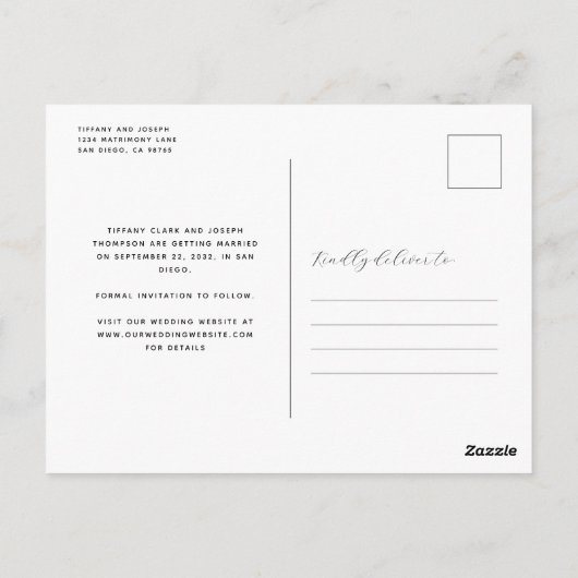 Boho Photo Arch Navy Blue Save the Date ポストカード (裏面)