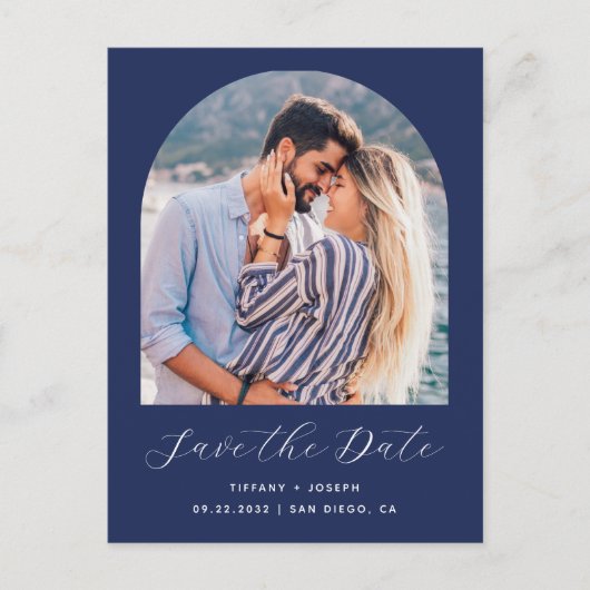 Boho Photo Arch Navy Blue Save the Date ポストカード (正面)