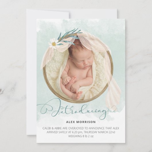 Boho Photo Frameグリーン洗浄誕生 案内状 (正面)