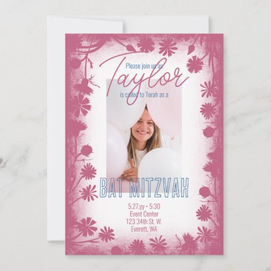 Boho Pinkワイルドフラワーフレーム、バルミツワー写真 招待状 (正面)