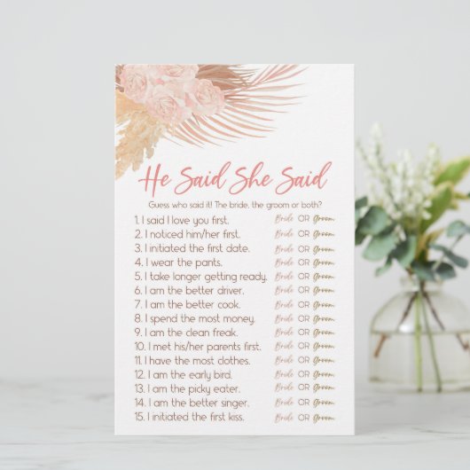 Boho Pink彼は彼女はブライダルシャワーゲームを言った 便箋 (スタンド正面)