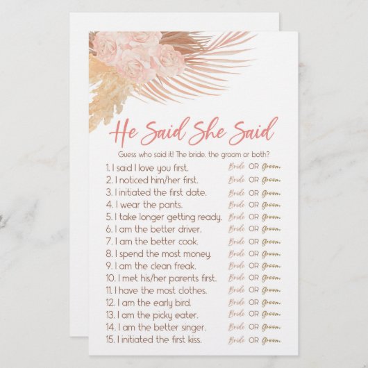 Boho Pink彼は彼女はブライダルシャワーゲームを言った 便箋 (正面/裏面)