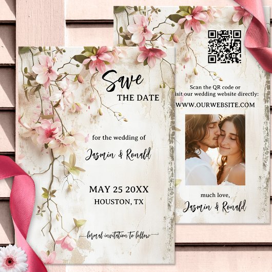 Boho Pink素朴フローラ写真Save the Date Card セーブザデート