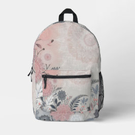Boho Pink and Black Floral Lace Print Backpack プリントバックパック