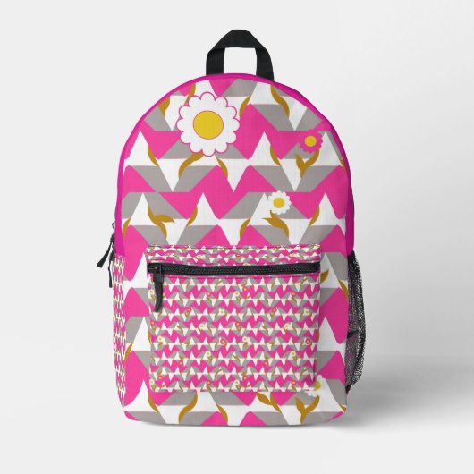 Boho Pink and Yellow Girly Backpack プリントバックパック (正面)