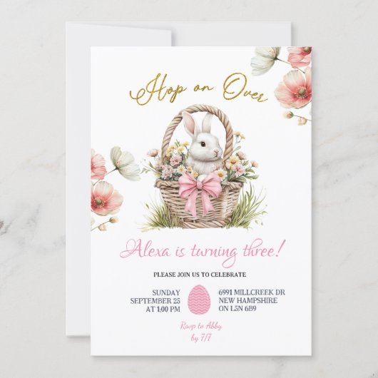 Boho Pink Bow Floral Easter Bunny Birthday 招待状 (正面)