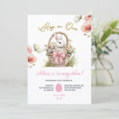 Boho Pink Bow Floral Easter Bunny Birthday 招待状 (スタンド正面)