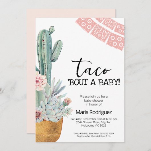 Boho Pink Cactus Taco赤ちゃんのシャワーを浴びる 招待状 (正面/裏面)