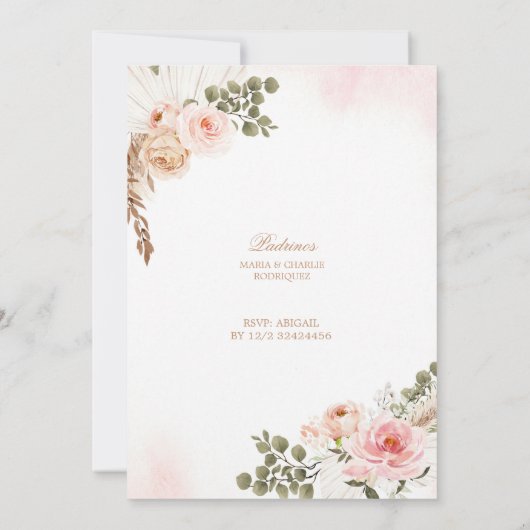 Boho Pink Coquette Pampass Grass First Holy Commun 招待状 (裏面)