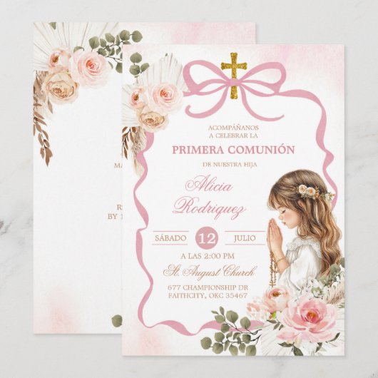 Boho Pink Coquette Pampass Grass First Holy Commun 招待状 (正面/裏面)