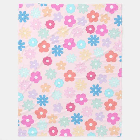 Boho Pink Daisy Flowers Pattern フリースブランケット (正面)