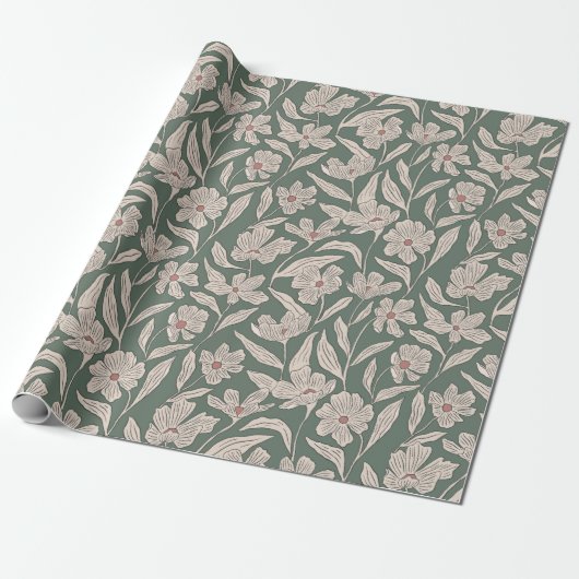 Boho Pink & Dark Green Hand Drawn Floral Pattern ラッピングペーパー (アンロールド)