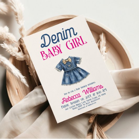 Boho Pink Denim Girl Blue Jean Baby Shower 招待状