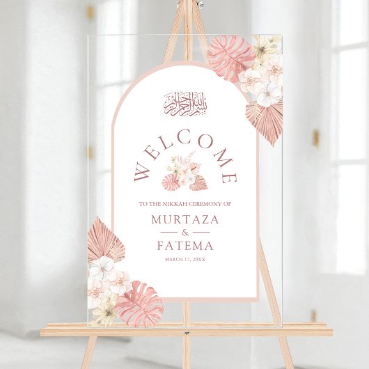 Boho Pink Floral Arch Muslim Wedding Welcome アクリルサイン