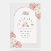 Boho Pink Floral Arch Muslim Wedding Welcome アクリルサイン (正面)