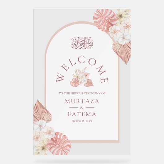 Boho Pink Floral Arch Muslim Wedding Welcome アクリルサイン (正面)