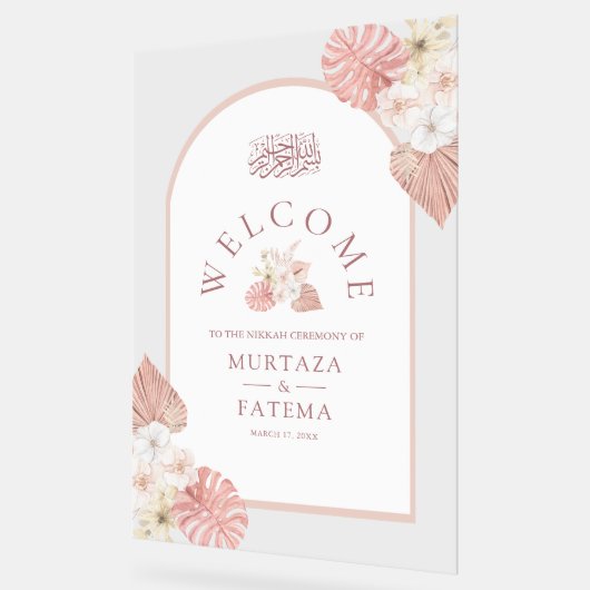 Boho Pink Floral Arch Muslim Wedding Welcome アクリルサイン (傾斜)
