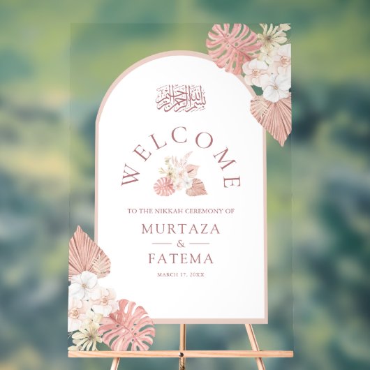 Boho Pink Floral Arch Muslim Wedding Welcome アクリルサイン (ニュートラル)