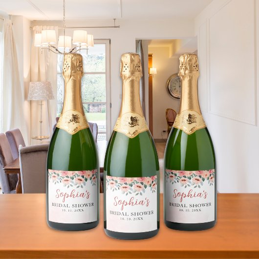 Boho Pink Floral Bridal Shower Party  スパークリングワインラベル