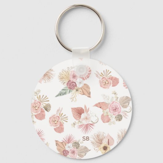 Boho Pink Green Brown Floral Keychain キーホルダー (正面)