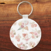 Boho Pink Green Brown Floral Keychain キーホルダー (正面)